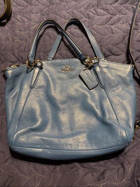 COACH Blue Pebbled Leather Shoulder Tote with Gold Hardware